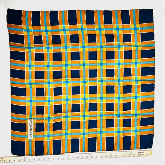 Vintage Yves Saint Laurent Scarf100% silk satin  31"Blue Rusty White Check (26) - Picture 10 of 11